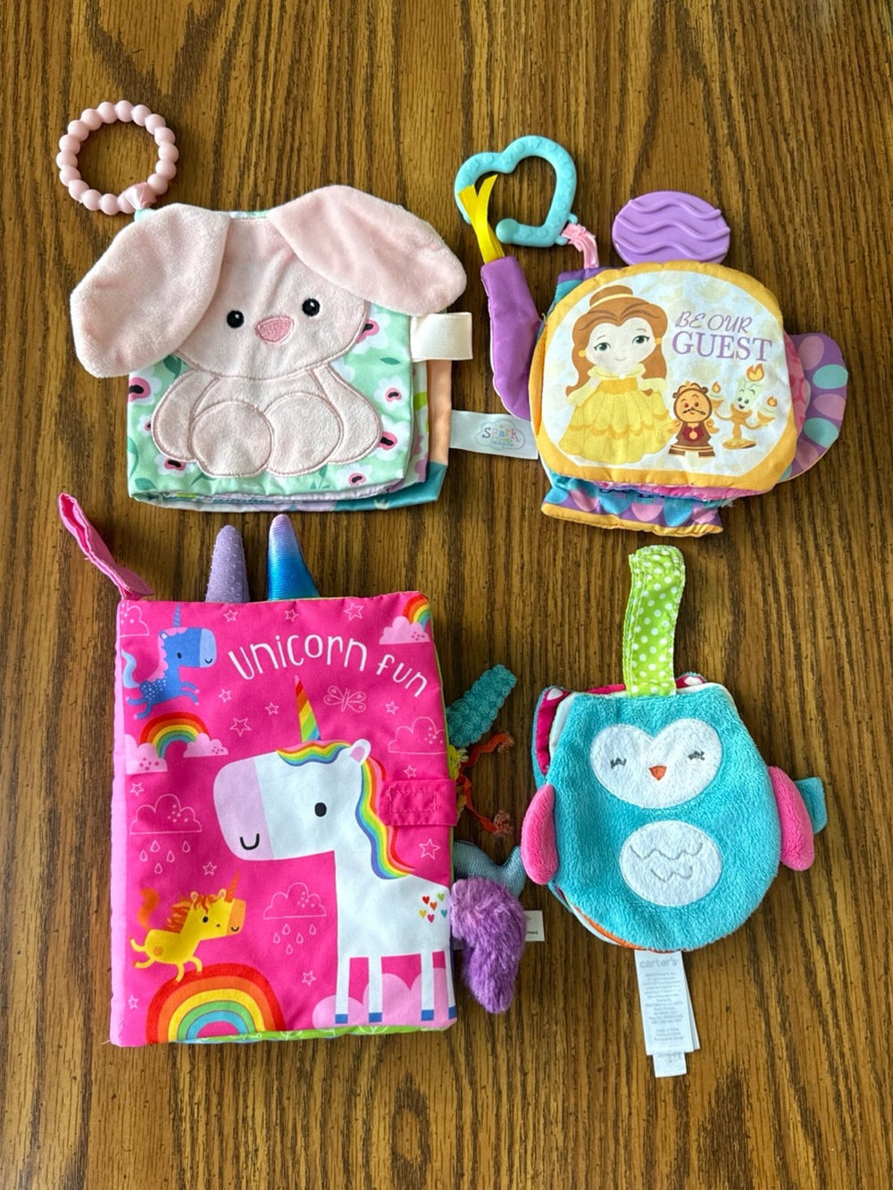 Baby Cloth Books Sensory Crinkle Disney Belle Unicorn Tails Carters Owl Bunny